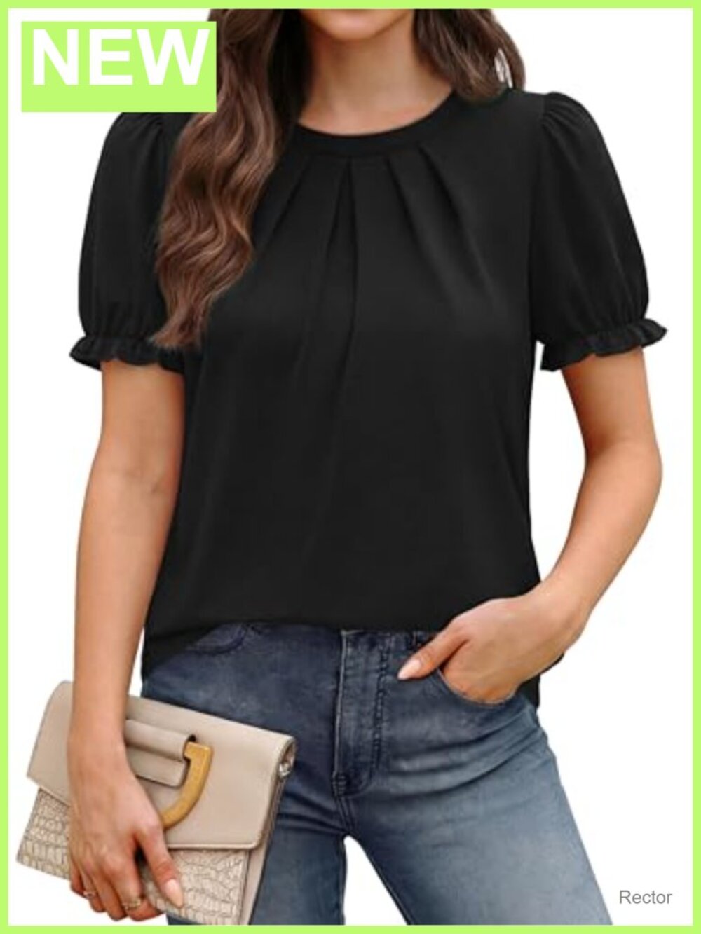 Womens Blouse Puff Short Sleeve Pleated Curved Hem Business Casual Top